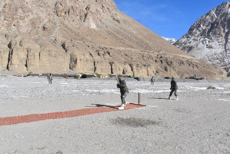 Indian soldiers enjoy cricket in Galwan Valley