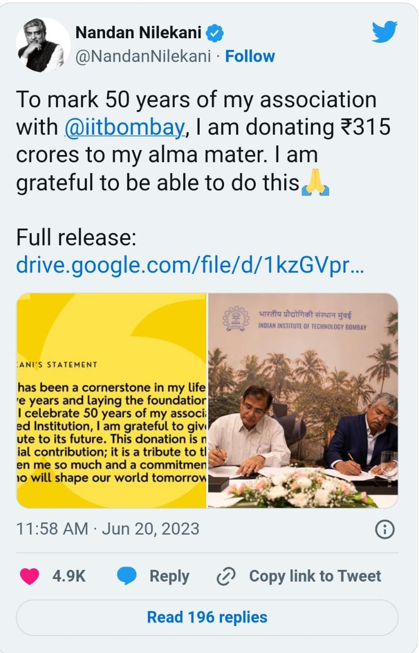 Nandan Nilekani donate 315 crore to IIT Bombay