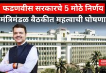 Cabinet Meeting Decision : फडणवीस सरकारचे 5 मोठे निर्णय; मंत्रिमंडळ बैठकीत महत्वाची घोषणा Cabinet Meeting Decision